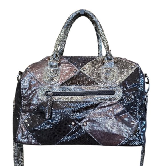 Acacia Diamond Stitch Black Pewter Metallic Leather Crossbody Satchel Handbag - Picture 3 of 14